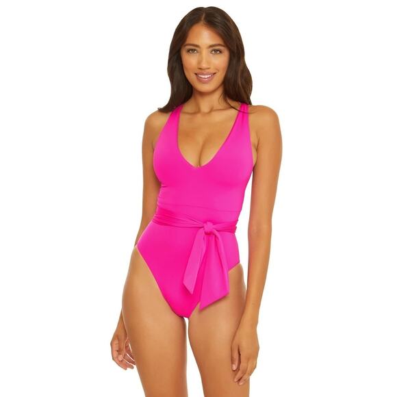 BECCA Kali Pink Solid Belted Plunge V-Neck Strappy One Piece Swimsuit Size L NWT - Picture 1 of 7
